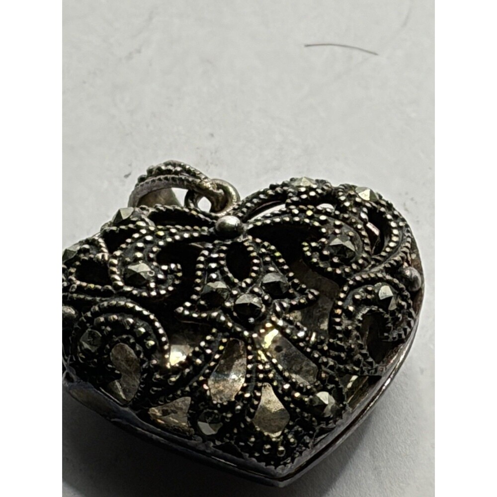 Vintage 925 Sterling Silver Marcasite Puffed Heart Locket Pendant